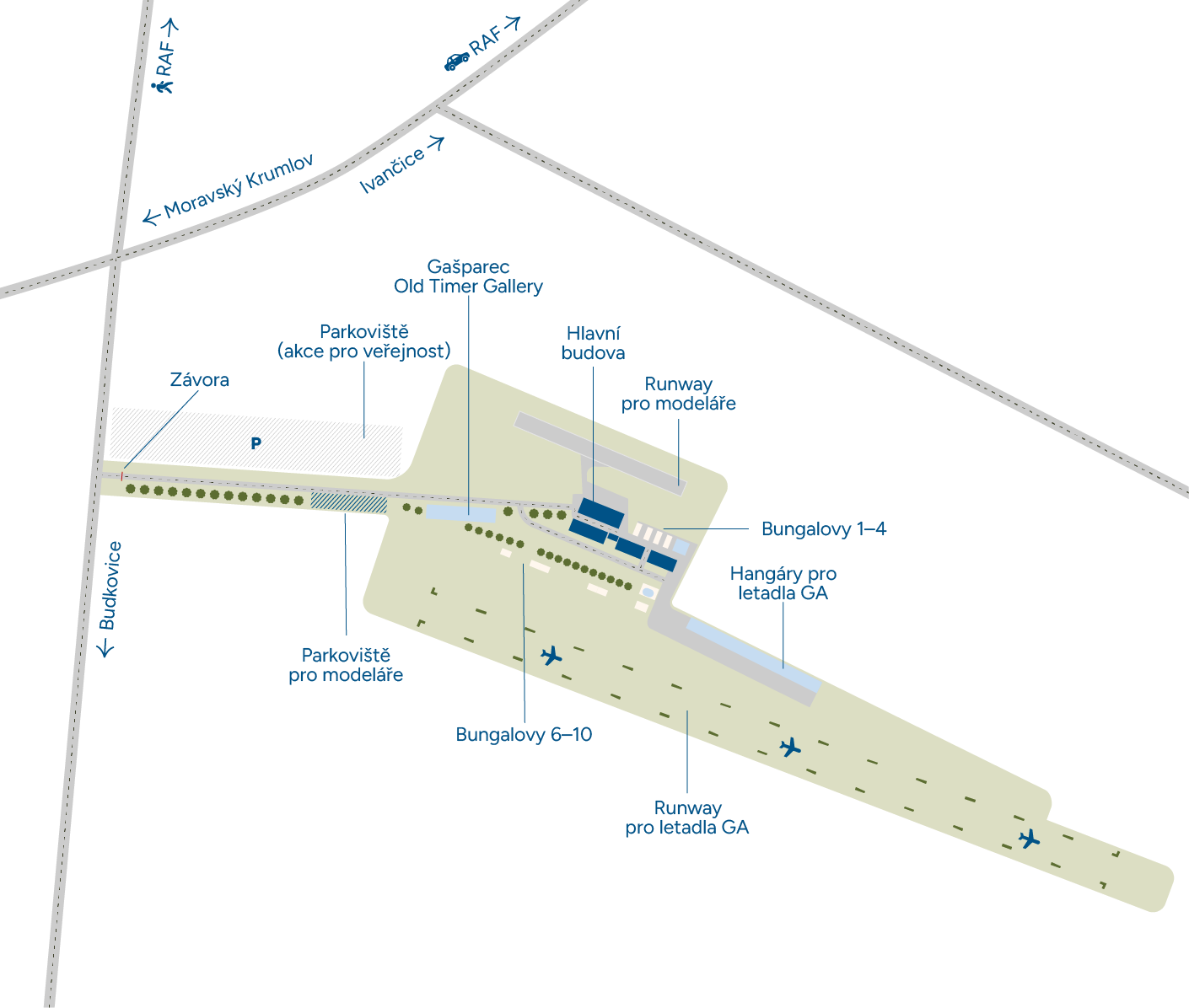 Mapa areálu letiště LKBUDK s vyznačením objektů