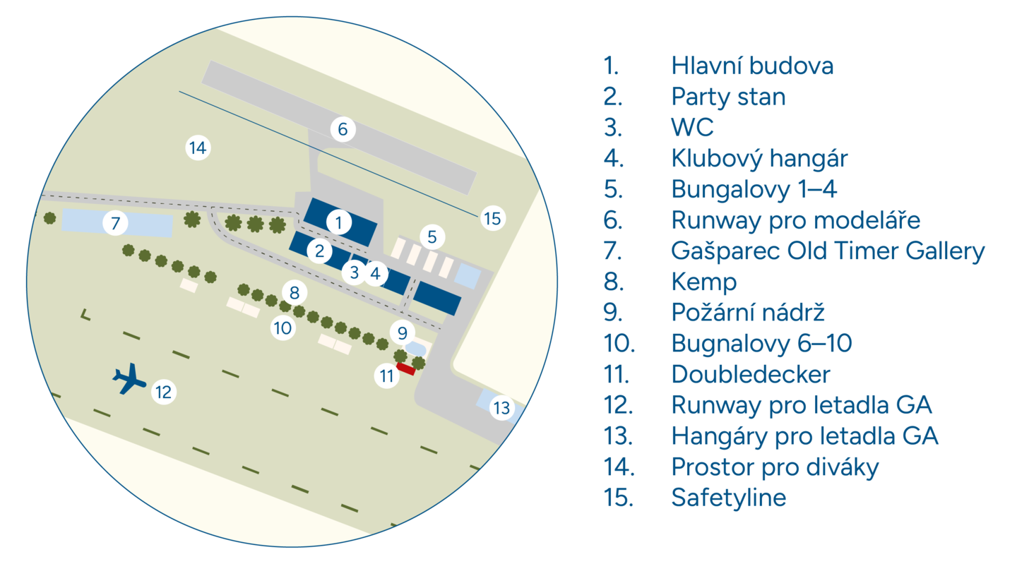 Detail mapy areálu s číselným seznamem objektů