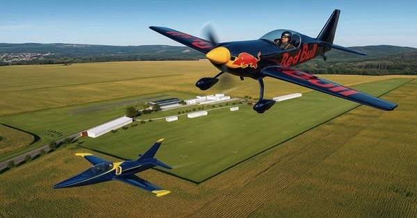 Akrobatické letadlo Red Bull nad areálem letiště